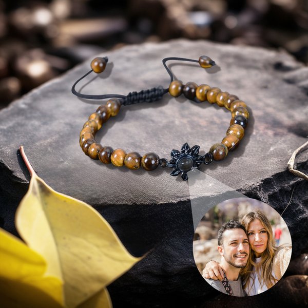 Personalizada Delicado Girasol Charm Proyección de fotos Pulsera de cuerda ajustable con cuentas de piedra de ojo de tigre Cumpleaños Aniversario Rega