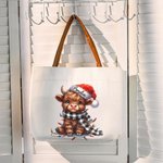 Cappello di Natale personalizzato Mucca Highland Manico in pelle Borsa in tela con nome Regalo di compleanno di Natale per gli amanti delle mucche Hig