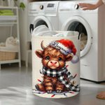 Personalisierte Santa Hut Hochland Kuh Lagerung Wäschekorb mit Griff Name Housewarming Weihnachtsgeschenk für Freunde Familie