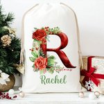 Personalised 3D Floral Initial Christmas Sack Drawstring Treat Bag with Name Christmas Party Favor Gift for Family Kids