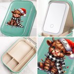 Personalised Christmas Hat Highland Cow Jewellery Box with Name LED Changing Colour Makeup Mirror Birthday Christmas Gift for Highland Cow Lovers