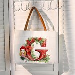 Personnalisé Holly Floral Initial Cartoon Character Canvas Tote Bag avec nom et poignée en cuir Christmas Birthday Gift for Girls Women