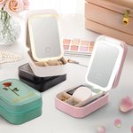 Boîte à bijoux en cuir personnalisée avec nom et miroir de maquillage LED de couleur changeante Cadeau de voyage pour les femmes