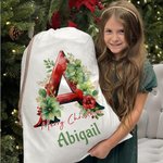 Personalised 3D Floral Initial Christmas Sack Drawstring Treat Bag with Name Christmas Party Favor Gift for Family Kids