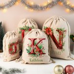 Personalised 3D Floral Initial Christmas Sack Drawstring Treat Bag with Name Christmas Party Favor Gift for Family Kids