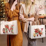 Personnalisé Holly Floral Initial Cartoon Character Canvas Tote Bag avec nom et poignée en cuir Christmas Birthday Gift for Girls Women