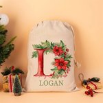 Personalised 3D Floral Initial Christmas Sack Drawstring Treat Bag with Name Christmas Party Favor Gift for Family Kids