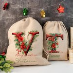 Personalised 3D Floral Initial Christmas Sack Drawstring Treat Bag with Name Christmas Party Favor Gift for Family Kids