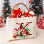 Personnalisé Holly Floral Initial Cartoon Character Canvas Tote Bag avec nom et poignée en cuir Christmas Birthday Gift for Girls Women
