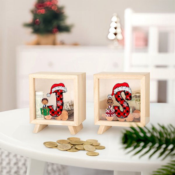 Gepersonaliseerde Cartoon Karakter op Gift Box Houten Duidelijke Spaarvarken met Kerstmuts initiële Gelukkig Kerstfeest Verjaardagscadeau voor kinderen