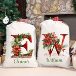 Personalised 3D Floral Initial Christmas Sack Drawstring Treat Bag with Name Christmas Party Favor Gift for Family Kids
