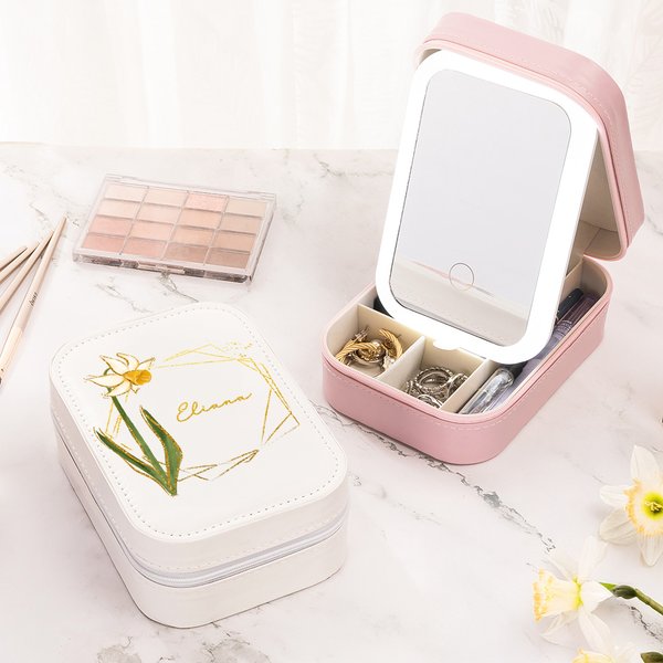 Scatola portagioielli in pelle PU portatile personalizzata con nome e fiore di nascita specchio per trucco a LED regalo di compleanno per donne