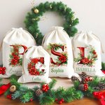 Personalised 3D Floral Initial Christmas Sack Drawstring Treat Bag with Name Christmas Party Favor Gift for Family Kids