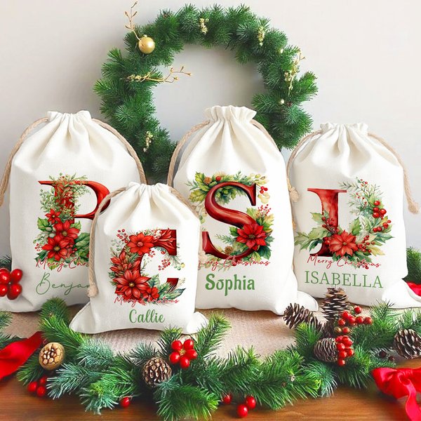 Personalised 3D Floral Initial Christmas Sack Drawstring Treat Bag with Name Christmas Party Favor Gift for Family Kids