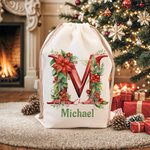 Personalised 3D Floral Initial Christmas Sack Drawstring Treat Bag with Name Christmas Party Favor Gift for Family Kids