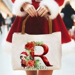Personnalisé Holly Floral Initial Cartoon Character Canvas Tote Bag avec nom et poignée en cuir Christmas Birthday Gift for Girls Women