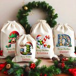 Sac Cadeau en Toile à Cordon Personnalisé avec Sapin de Noël Bonhomme de Neige Initiale et Nom Cadeau Fête de Noël pour Enfants et Famille