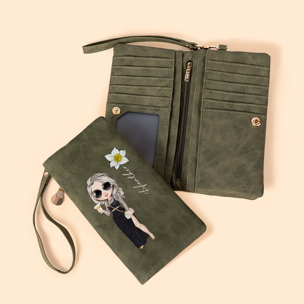 Spersonalizowany Cartoon Party Girl Birth Flower Name Składany skórzany portfel na nadgarstek z etui na karty Urodziny Prezent ślubny dla kobiet