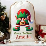 Sac Cadeau en Toile à Cordon Personnalisé avec Sapin de Noël Bonhomme de Neige Initiale et Nom Cadeau Fête de Noël pour Enfants et Famille