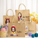 Personalised Cute Cartoon Knitting Character Jute Tote Bag with Name Christmas Birthday Gift for Mom Grandma Knitting Lovers