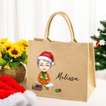 Personalised Cute Cartoon Knitting Character Jute Tote Bag with Name Christmas Birthday Gift for Mom Grandma Knitting Lovers