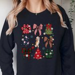 Personalizzato disegnato a mano 1-3 ritratto del cane di Natale Coquette Bow Paw Print T-shirt Felpa con nome Regalo di Natale Outfit per le donne ama