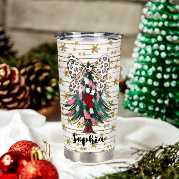 Gobelet personnalisé Coquette Bow Faux Glitter Christmas Tree 20oz Tumbler with Name Cadeau de Noël pour la famille et les amis