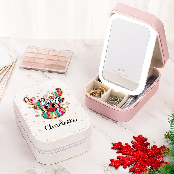 Joyero de piel de reno personalizado con nombre y luz LED Espejo de maquillaje Accesorio navideño de viaje Regalo para mujer
