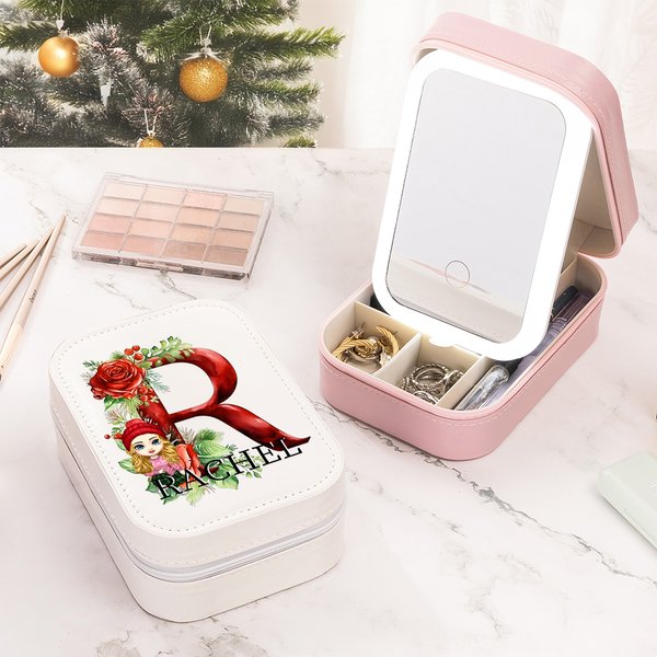Gepersonaliseerde kerst Cartoon karakter initiële reizen sieraden doos met naam veranderende kleur LED make-up spiegel verjaardag kerstcadeau voor vro