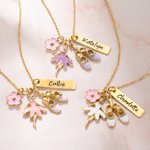 Personalised Ballet Girl Tutu Dance Slippers Pink Flower Charm Necklace with Name Tag and Card Dainty Jewellery Birthday Gift for Women Ballerina