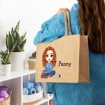 Personalised Cute Cartoon Knitting Character Jute Tote Bag with Name Christmas Birthday Gift for Mom Grandma Knitting Lovers