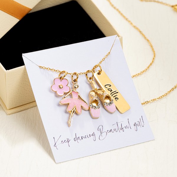 Personalized Ballet Girl Tutu Dance Slippers Pink Flower Charm Necklace with Name Tag and Card Dainty Jewellery Birthday Gift for Women Ballerina