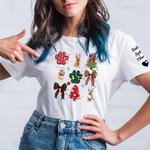 Personalizzato disegnato a mano 1-3 ritratto del cane di Natale Coquette Bow Paw Print T-shirt Felpa con nome Regalo di Natale Outfit per le donne ama