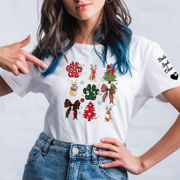 Personalisierte Hand gezeichnet 1-3 Weihnachten Hund Porträt Coquette Bogen Paw Print T-Shirt Sweatshirt mit Namen Weihnachten Outfit Geschenk für Frauen Haustierliebhaber