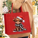 Personalised Santa Hat Highland Cow Red Jute Tote Bag with Name Birthday Christmas Party Favor Gift for Kids Adults