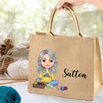 Personalised Cute Cartoon Knitting Character Jute Tote Bag with Name Christmas Birthday Gift for Mom Grandma Knitting Lovers