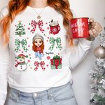 Personalisierte Schneemann Coquette Bogen Cartoon Charakter Sweatshirt T-Shirt mit Namen Geburtstag Weihnachten Geschenk für Frauen Mädchen