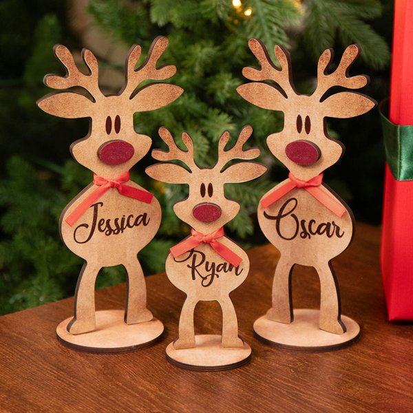 Ornement de table personnalisé en bois avec nom pour le nez rouge du renne Décoration de Noël pour la maison Cadeau de Noël pour la famille et les enfants