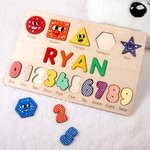 Personalised Colourful Wooden Name Puzzle Board with Numbers and Shapes Montessori Learning Toy Nursery Decor Baby Shower Birthday Gift for Kids