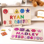 Personalised Colourful Wooden Name Puzzle Board with Numbers and Shapes Montessori Learning Toy Nursery Decor Baby Shower Birthday Gift for Kids