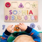 Personalised Colourful Wooden Name Puzzle Board with Numbers and Shapes Montessori Learning Toy Nursery Decor Baby Shower Birthday Gift for Kids