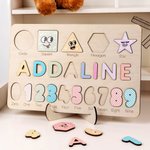 Personalised Colourful Wooden Name Puzzle Board with Numbers and Shapes Montessori Learning Toy Nursery Decor Baby Shower Birthday Gift for Kids