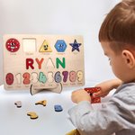 Personalised Colourful Wooden Name Puzzle Board with Numbers and Shapes Montessori Learning Toy Nursery Decor Baby Shower Birthday Gift for Kids