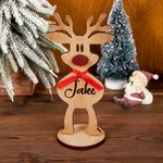 Personalisiertes Holz-Rentier mit Roter Nase und Schleife Tischdeko mit Namen Weihnachtsdeko Party Weihnachtsgeschenk für Familie Kinder