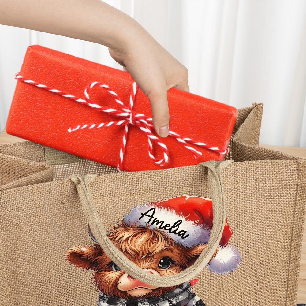 Sac en toile de jute réutilisable avec nom Cadeau d'anniversaire Cadeau de Noël pour les amoureux de la famille Highland Cow 8