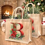 Spersonalizowana torba 3D Holly Floral Initial Durable Jute Tote Bag z imieniem Prezent świąteczny dla przyjaciela rodziny