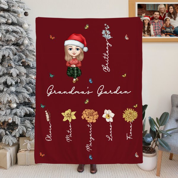 Personalised Multicolour Cartoon 1-20 Names Birth Flowers Soft Throw Blanket with Title Christmas Birthday Gift for Mom Grandma Dad Grandpa