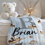 Personalised Cute Sleep Animal Moon Star Soft Throw Blanket with Name and Initial Birthday Baby Shower Gift for Kids