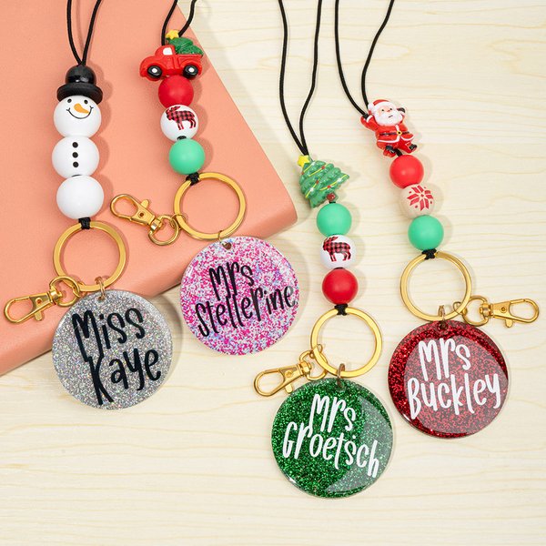 Personalised Christmas Snowman Santa Claus Glitter Name Bead Lanyard with Key Ring Christmas Appreciation  Gift for Teacher