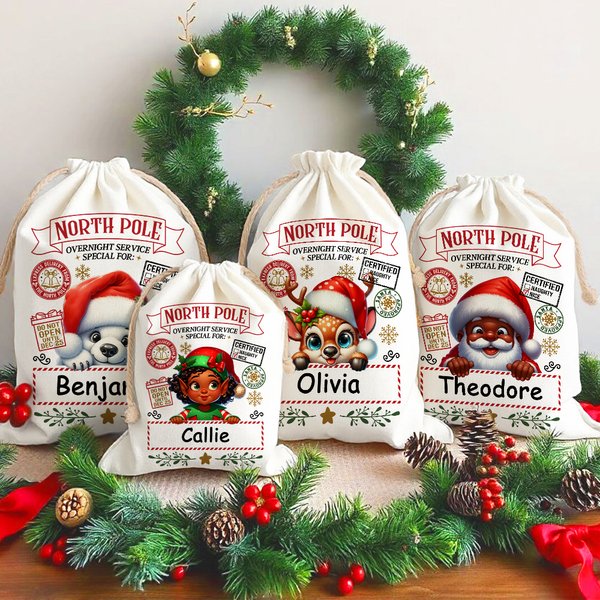Personalised Little Elf Reindeer North Pole Overnight Service Santa Sack Drawstring Christmas Gift Bag with Name Holiday Party Favors for Kids Family